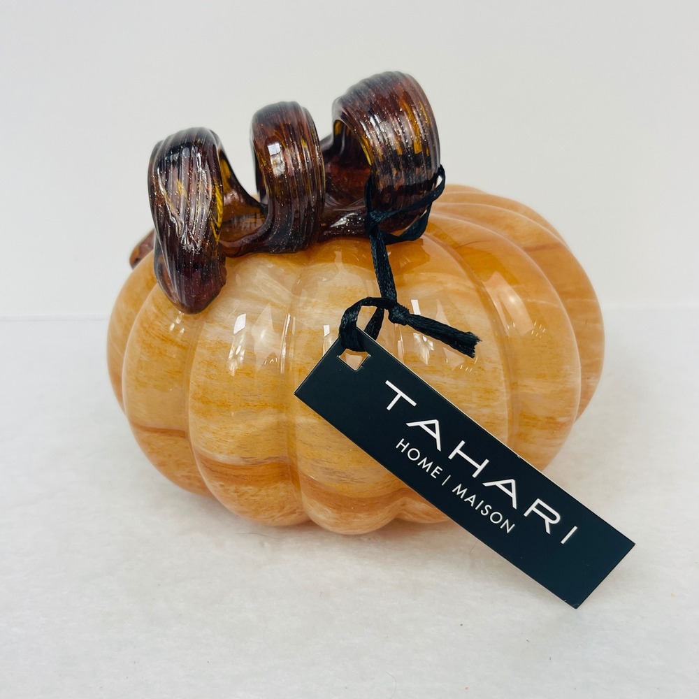 Tahari Home Maison Glass Pumpkin Orange Amber Marbled Fall Decor NEW